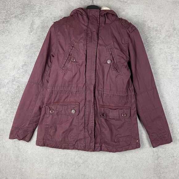 American Eagle Jacket Womens Small Burgundy Hooded Parka Utility Pockets Sherpa - Picture 1 of 16